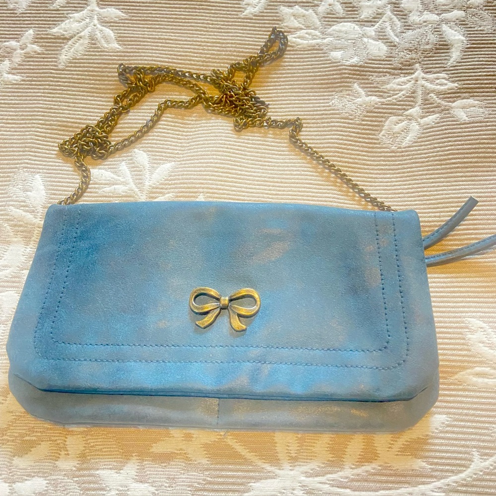 Elegant Dark Blue Green Clutch Purse with Gold Bow